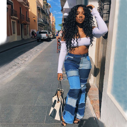 Macro-Stitching High-Waist Color Contrast Denim Jeans