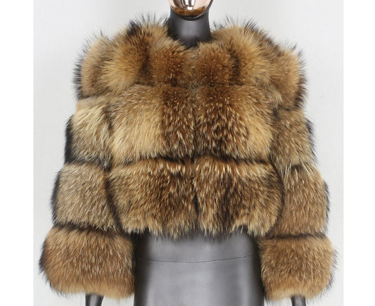 Raccoon Print Faux Fur Short-Stitching Long Sleeves Coat