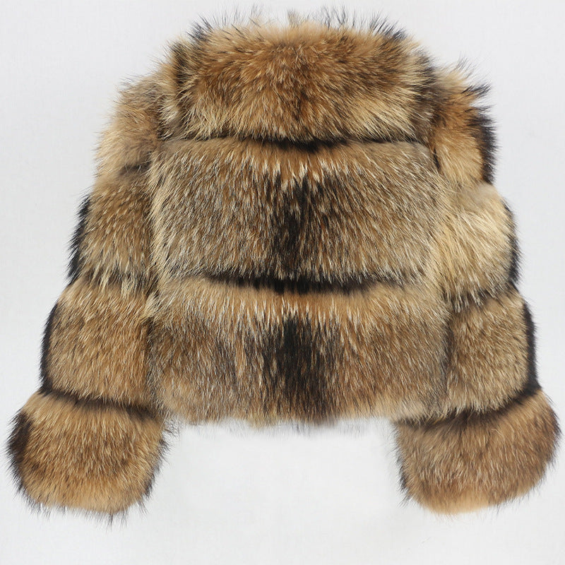 Raccoon Print Faux Fur Short-Stitching Long Sleeves Coat