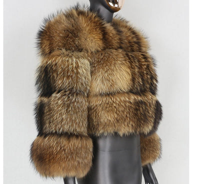 Raccoon Print Faux Fur Short-Stitching Long Sleeves Coat