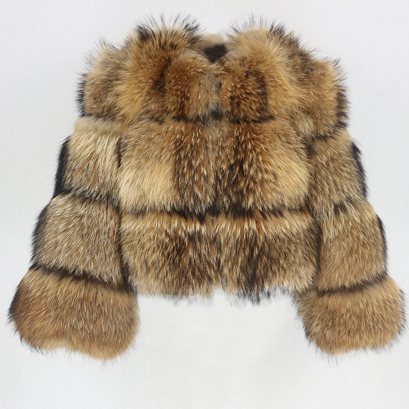 Raccoon Print Faux Fur Short-Stitching Long Sleeves Coat
