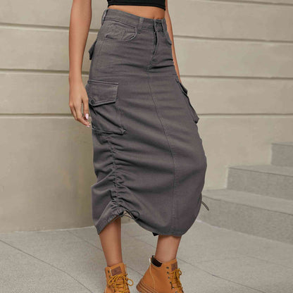 Ruch - Drawstring Ruched Slit Denim Midi Skirt (7500878020696)