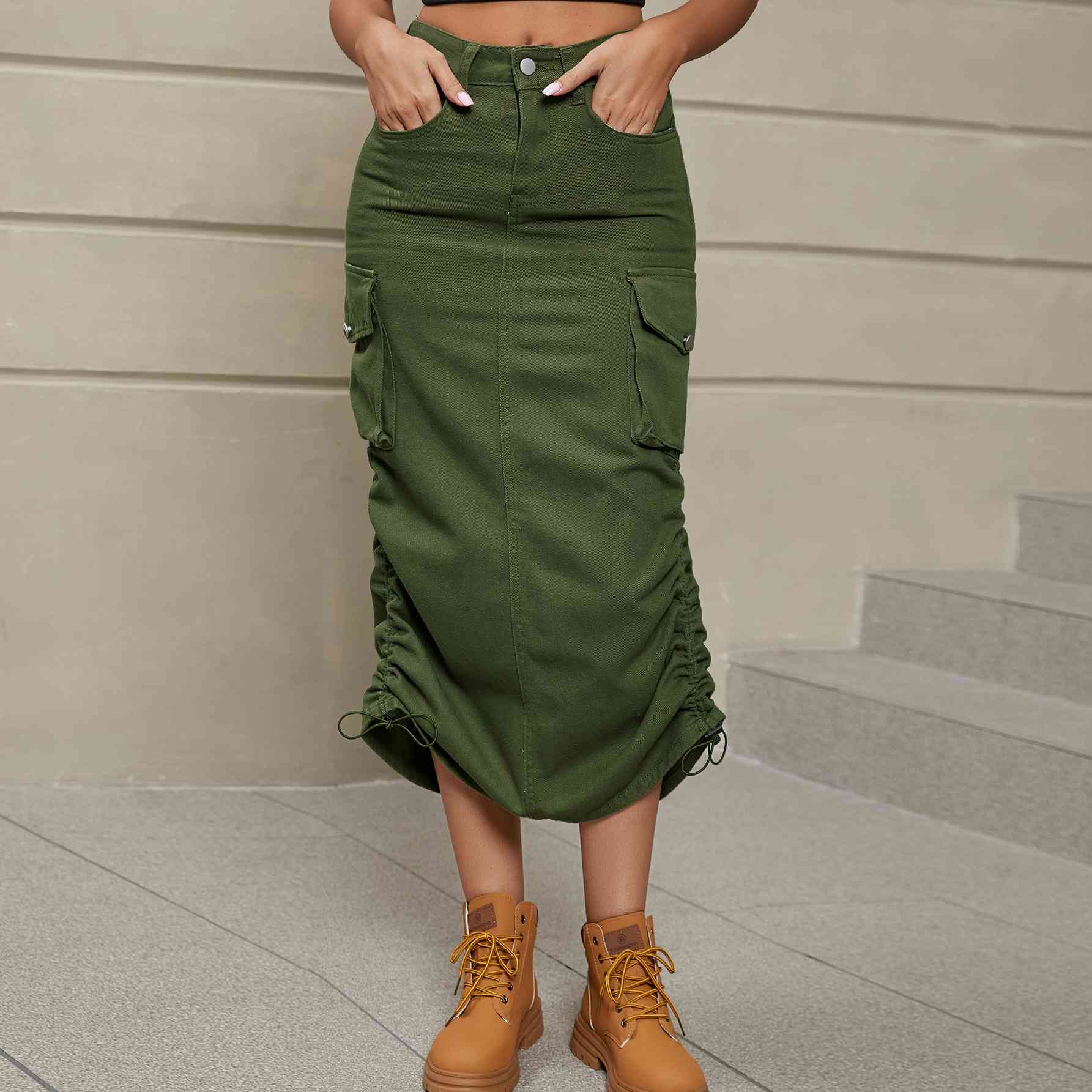 Ruch - Drawstring Ruched Slit Denim Midi Skirt (7500878020696)