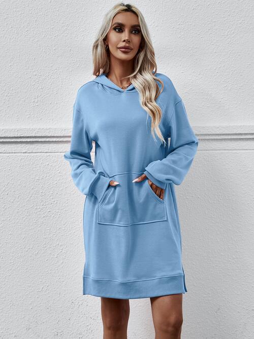 Long Long Sleeves - Slit Hooded Dress With Pocket (7505547559000)