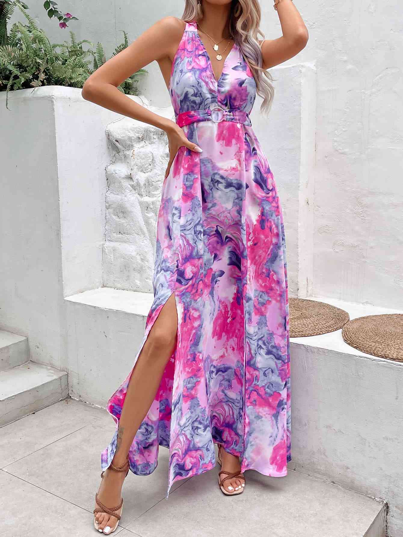 Printed Open Back Slit Sleeveless Dress (7515561984088)
