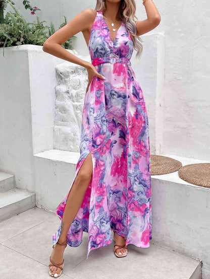 Printed Open Back Slit Sleeveless Dress (7515561984088)
