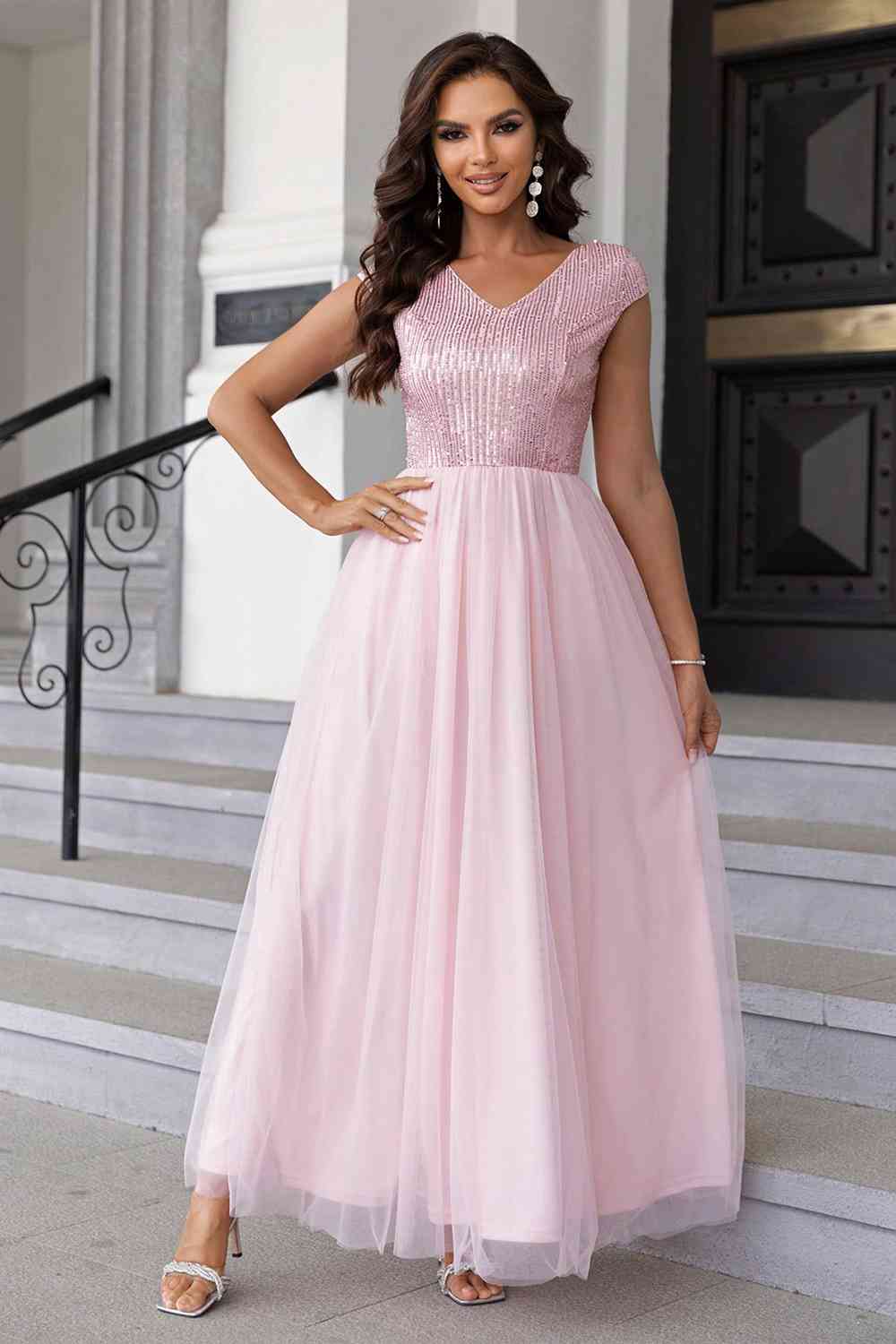 Sequin V-Neck Mesh Maxi Dress (7515520761944)