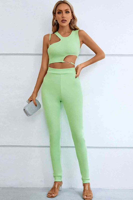 Tanks & Pants - Asymmetrical Ribbed Cut-Out Tank and Pants Set (7501469122648)