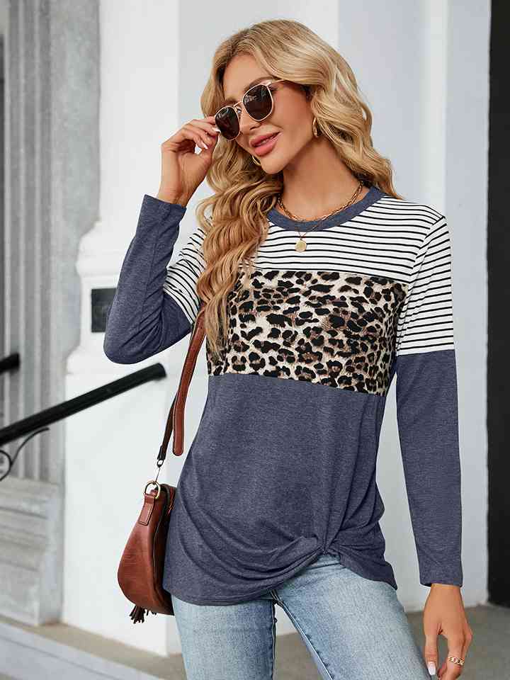 Leopardcheetahprint - Color Block Round Neck Long Sleeve Blouse (7501317439576)
