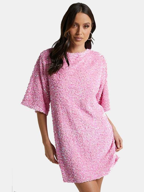 Sequin Tie-Back Half-Sleeve Mini Dress (7505547427928)