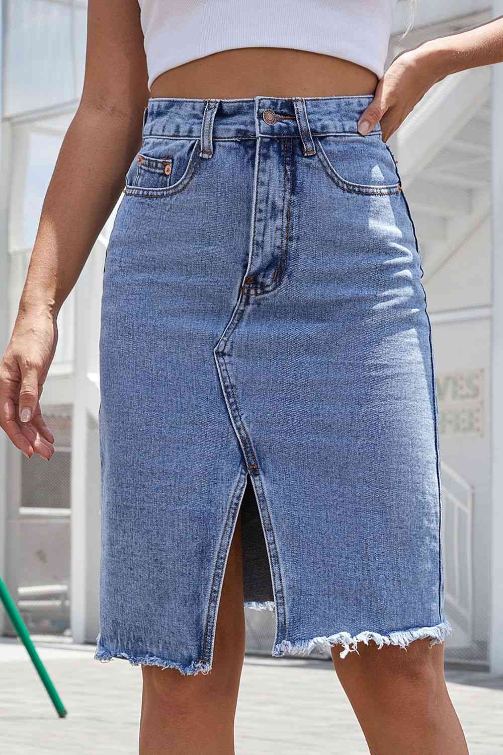 Denim Skirt - Buttoned Slit Denim Skirt (7486619189336)