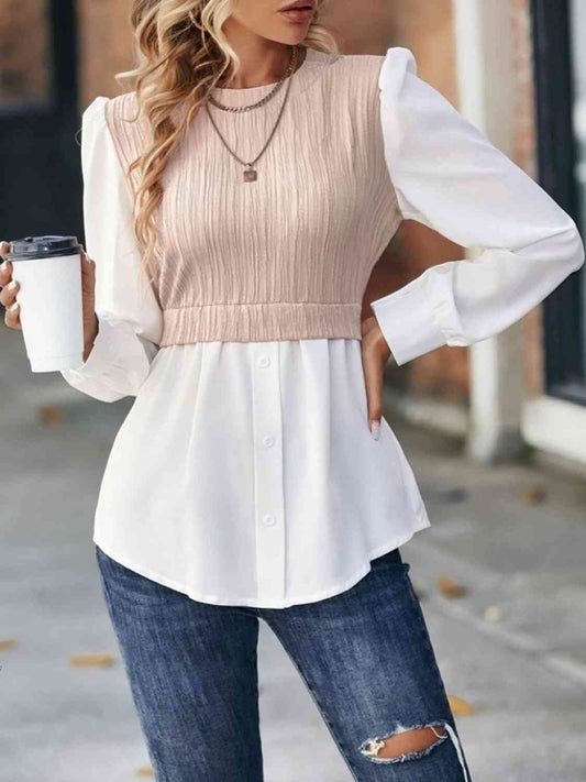 Blouse Like That - Contrast Round Neck Puff Sleeve Blouse (7501314064472)