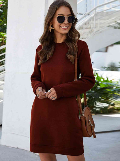 Round Neck Long Sleeves Mini Dress With Pockets (7505548410968)