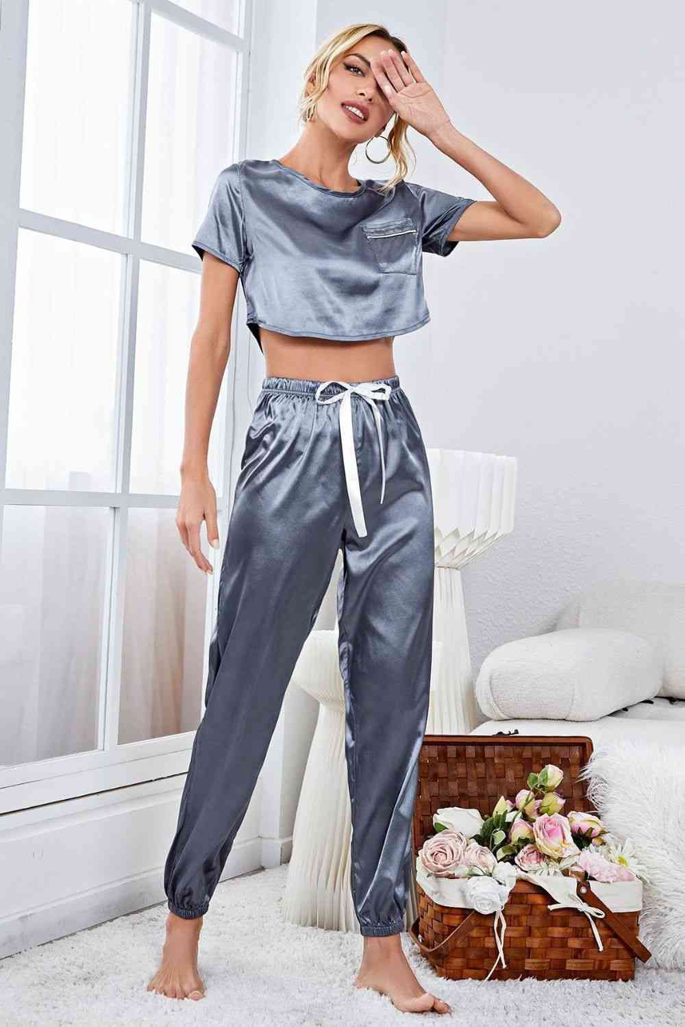 Satin Short Sleeves Crop-Top & Joggers - Lounge Set (7501481508952)