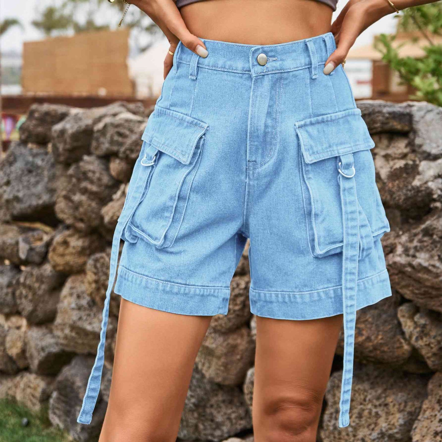 Cargo Denim - High-Waist Denim Cargo Shorts (7500850200664)