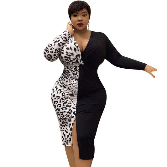 Plus-Size Long Sleeves Leopard Stitching Dress