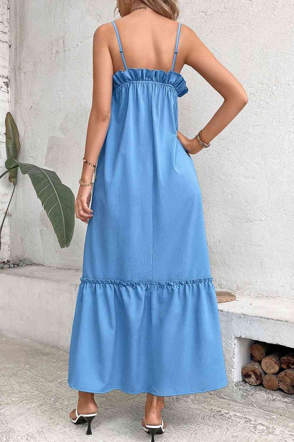 Ruffle Trim Buttoned Sleeveless Maxi Dress (7515555364952)