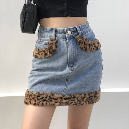 Leopard Denim Patching - A-Line Skirt (7522170077272)