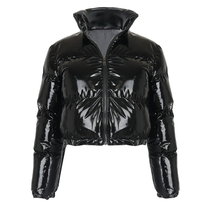 Thermal Glossy - Zip-Up High-Collar Leather Thick Cotton Jacket Outerwear (7516640870488)