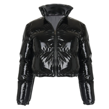 Thermal Glossy - Zip-Up High-Collar Leather Thick Cotton Jacket Outerwear (7516640870488)