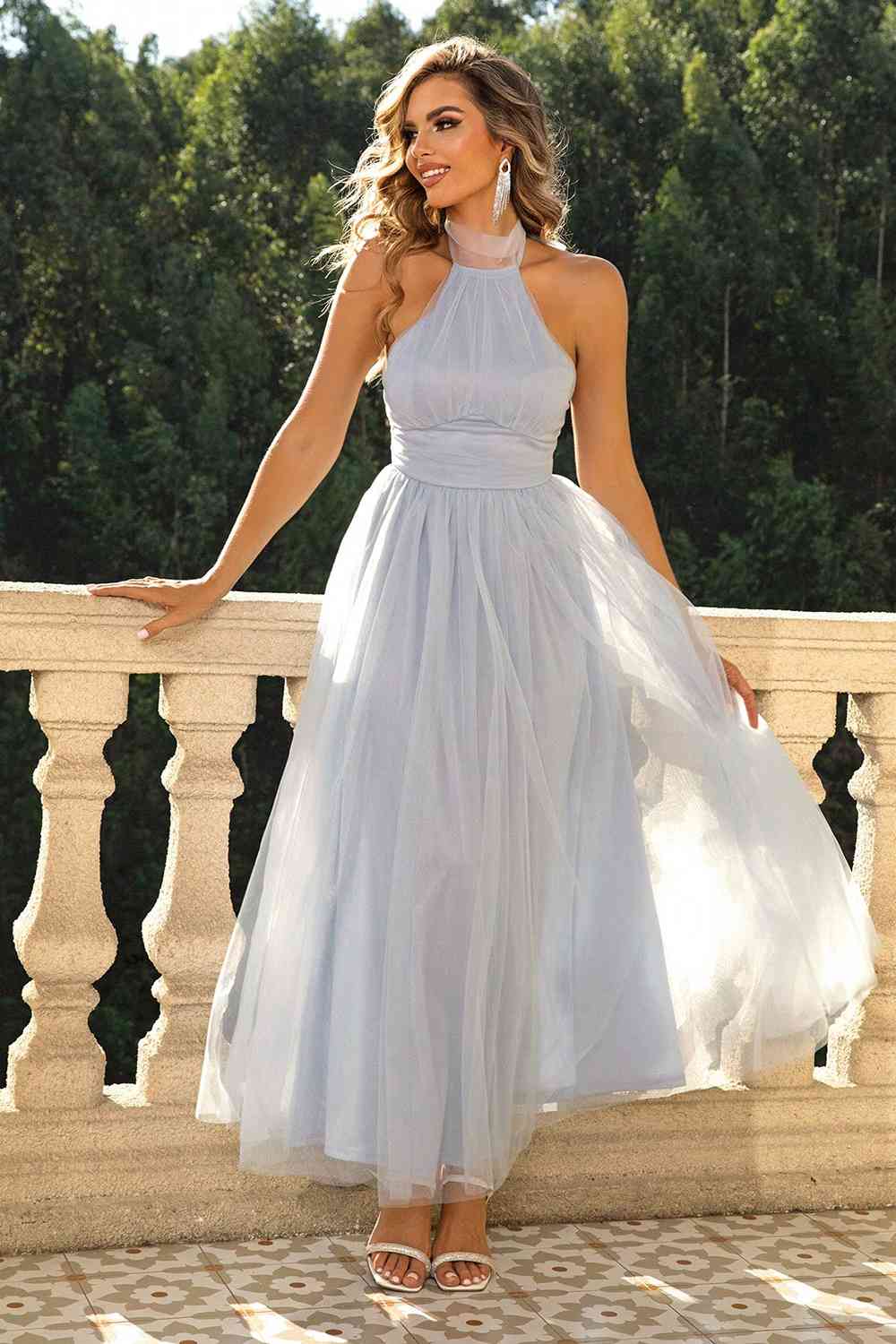 Bow-Knot - Halter Neck Backless Mesh Dress (7515494875224)