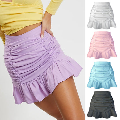 Solid Color Ruffled Zipper High Waist Fishtail Sheath Pleated Skirt