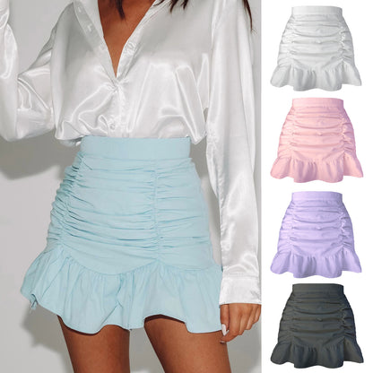 Solid Color Ruffled Zipper High Waist Fishtail Sheath Pleated Skirt