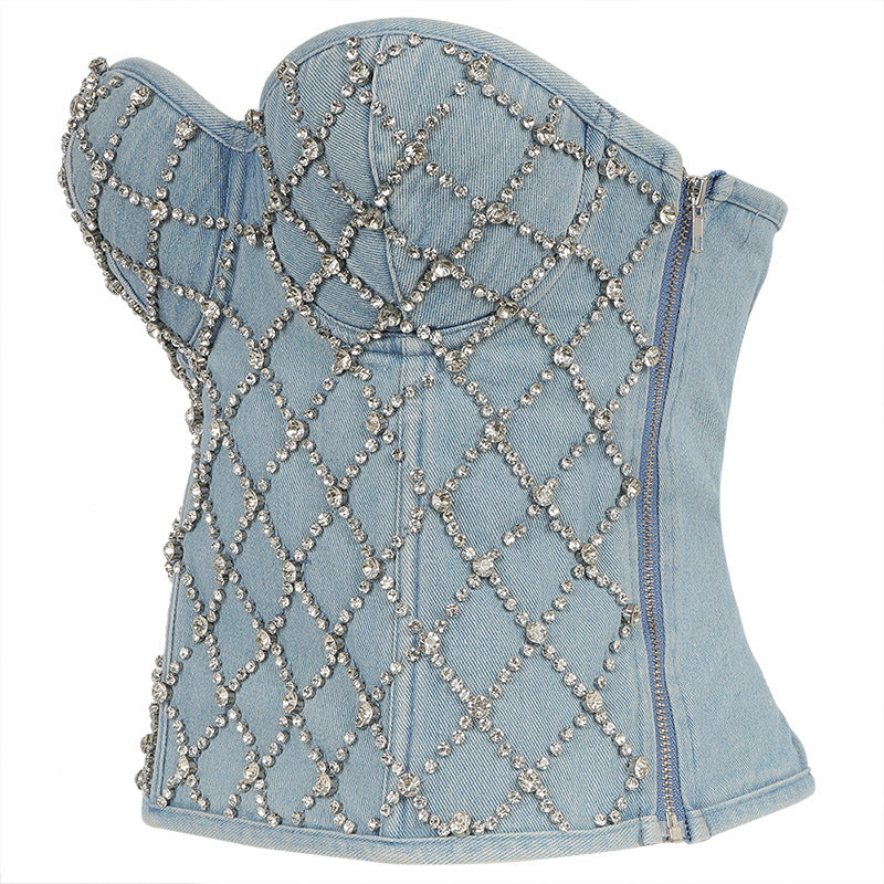 Diamond-Beaded - Diamond-Beaded Denim Tube Top (7517901488216)
