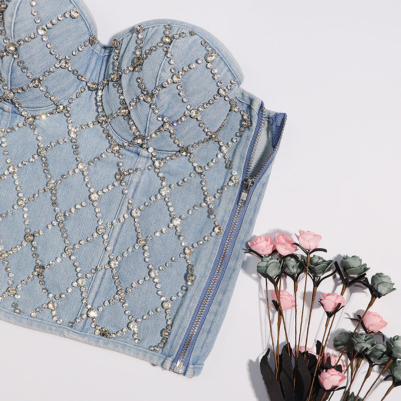 Diamond-Beaded - Diamond-Beaded Denim Tube Top (7517901488216)