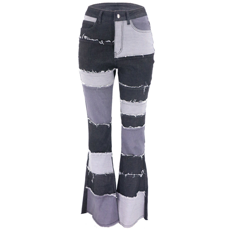 Macro-Stitching High-Waist Color Contrast Denim Jeans
