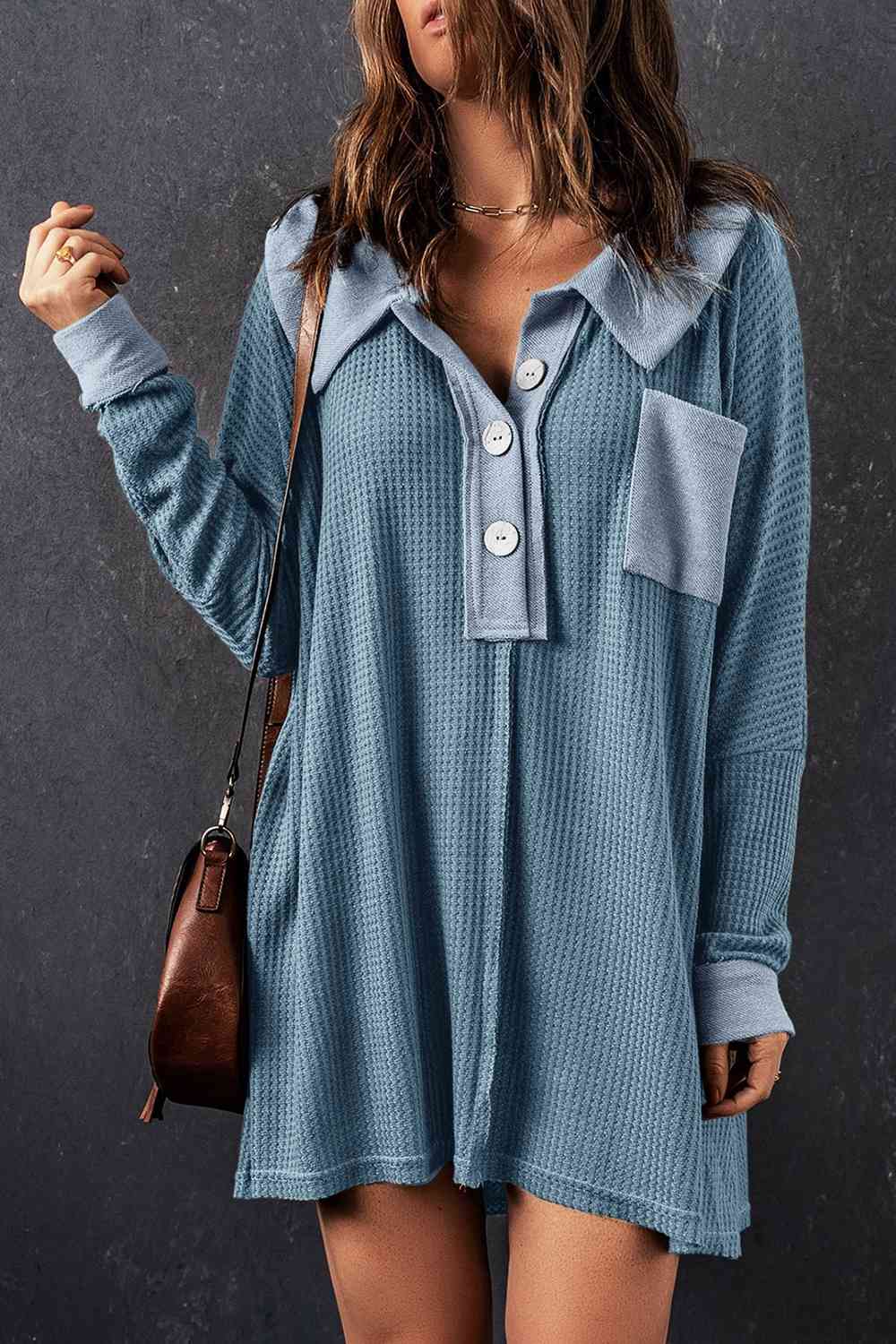 With Pocket - Waffle Knit Buttoned Long Sleeves Top (7501322911832)