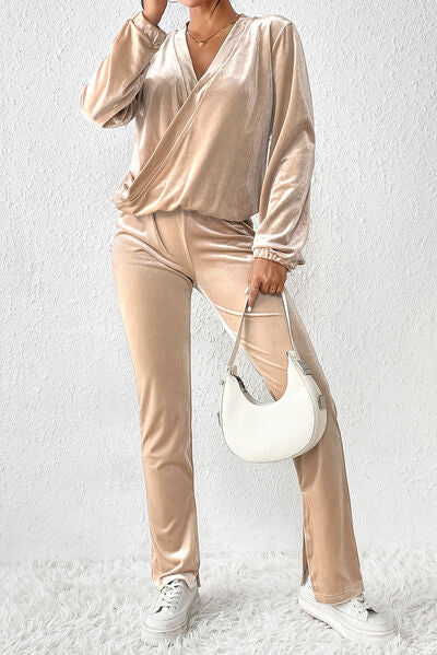 Surplice Long Sleeves Top & Slit Pants - Set (7505548705880)