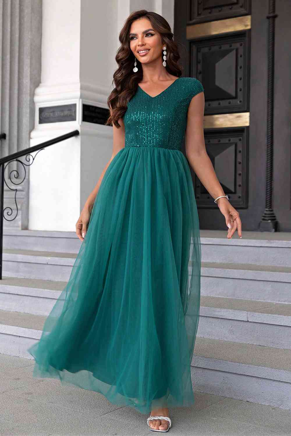 Sequin V-Neck Mesh Maxi Dress (7515520761944)