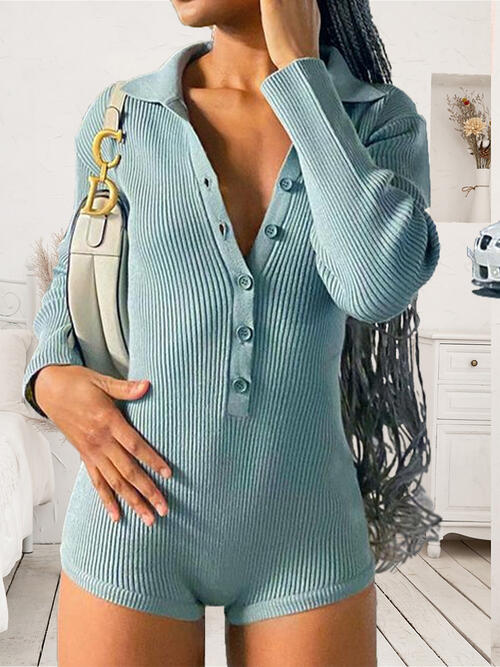 Ribbed Half-Button Collared Neck Romper (7484682633304)