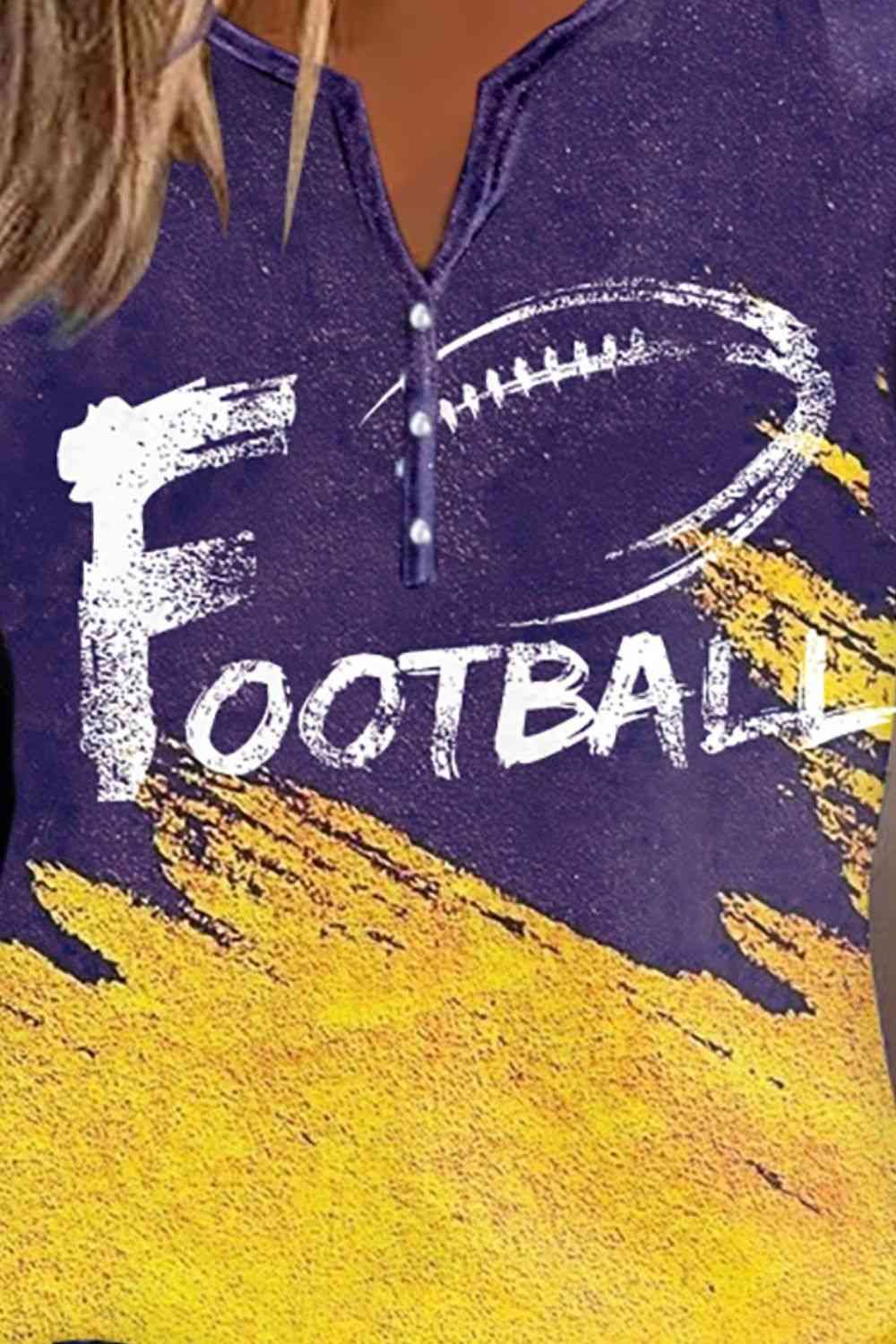 FOOTBALL Graphic Notched Neck Long Sleeve T-Shirt (7501330514008)