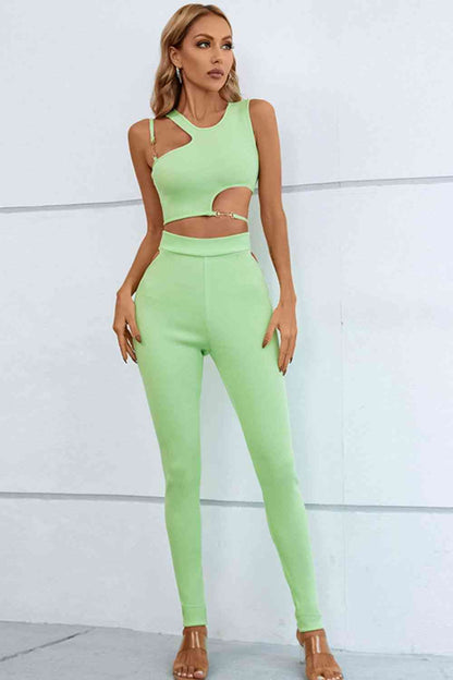 Tanks & Pants - Asymmetrical Ribbed Cut-Out Tank and Pants Set (7501469122648)