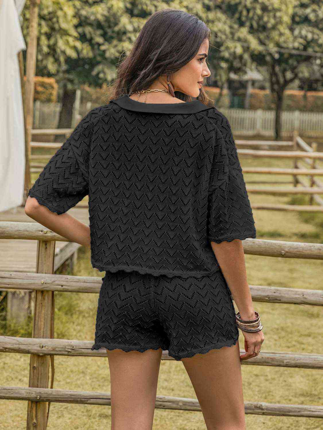 Eyelet - Collared Neck Short Sleeve Top and Shorts Set (7484220899416)