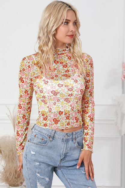Sheer Floral - Floral Mock Neck Long Sleeve Blouse (7501315932248)