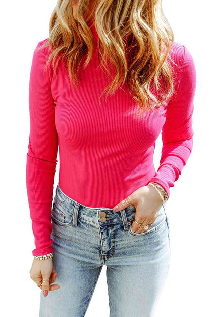 Black/Tan/Pink Casual Top - High-Neck Long Sleeve Ribbed Top (7501314392152)