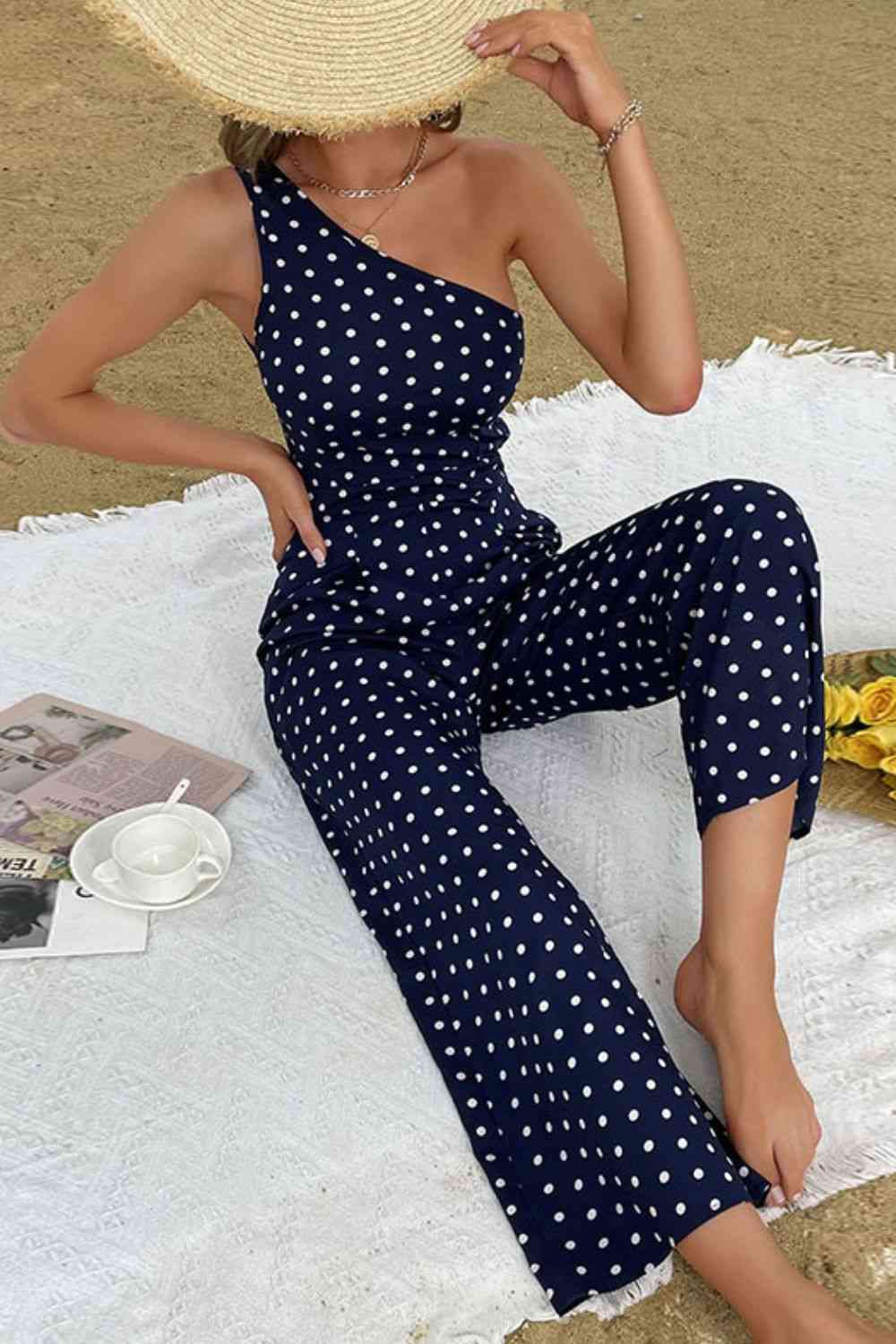 Polka Dot One-Shoulder Romper Jumpsuit (7484719693912)