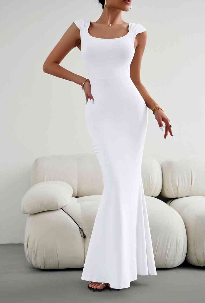 White Stretch - Cap Sleeve Scoop Neck Maxi Dress (7515554480216)