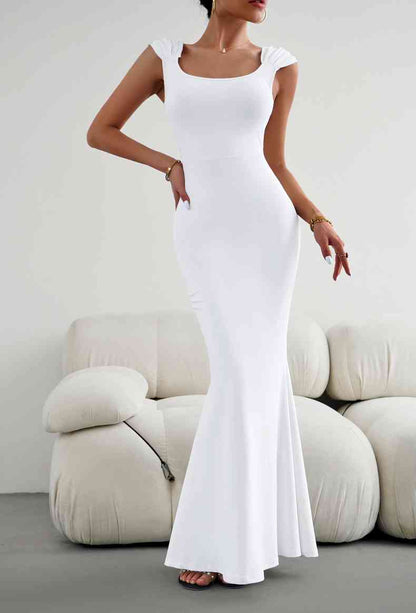 White Stretch - Cap Sleeve Scoop Neck Maxi Dress (7515554480216)