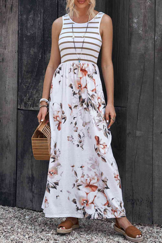 Striped Floral Round Neck -  Sleeveless Maxi Dress (7515559198808)