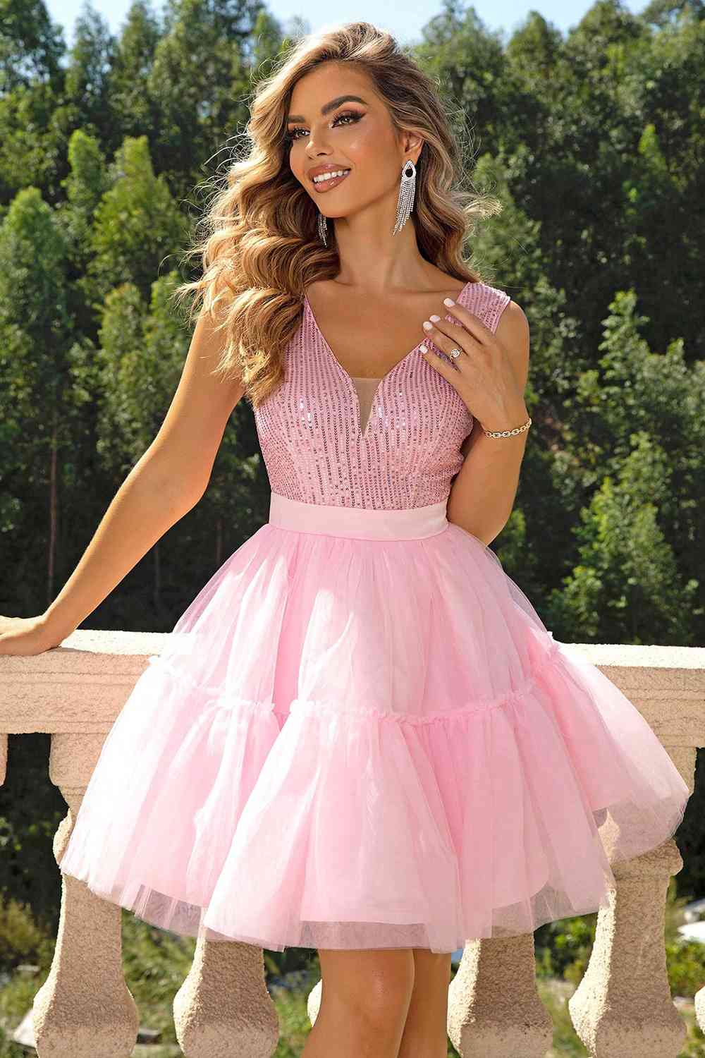 Pink Sequins & Mesh - Sleeveless Dress (7515675623512)