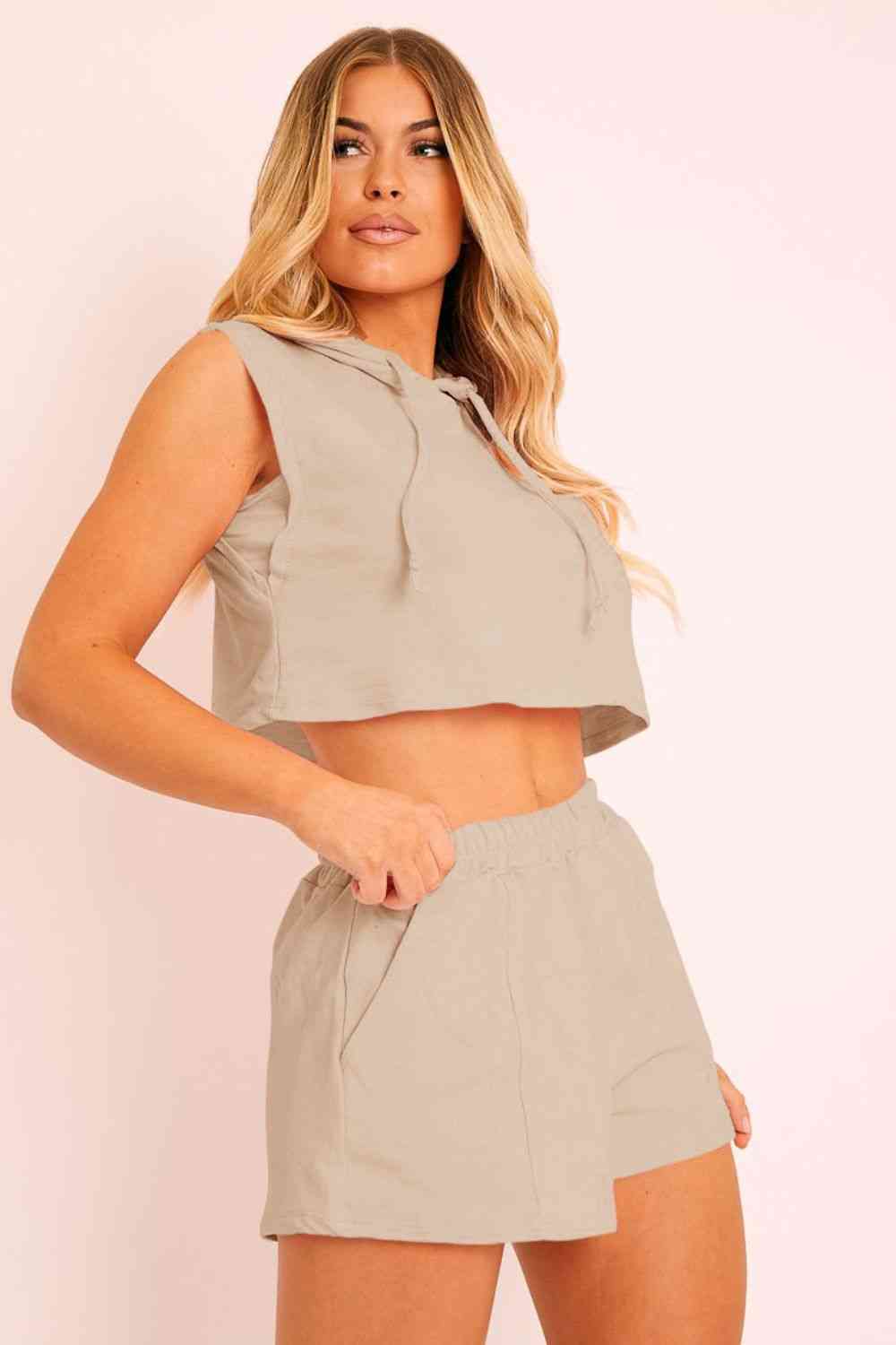 Feelin' Sporty - Hooded Crop Top & Pocketed Shorts Set (7501480034392)