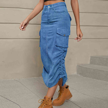 Ruch - Drawstring Ruched Slit Denim Midi Skirt (7500878020696)