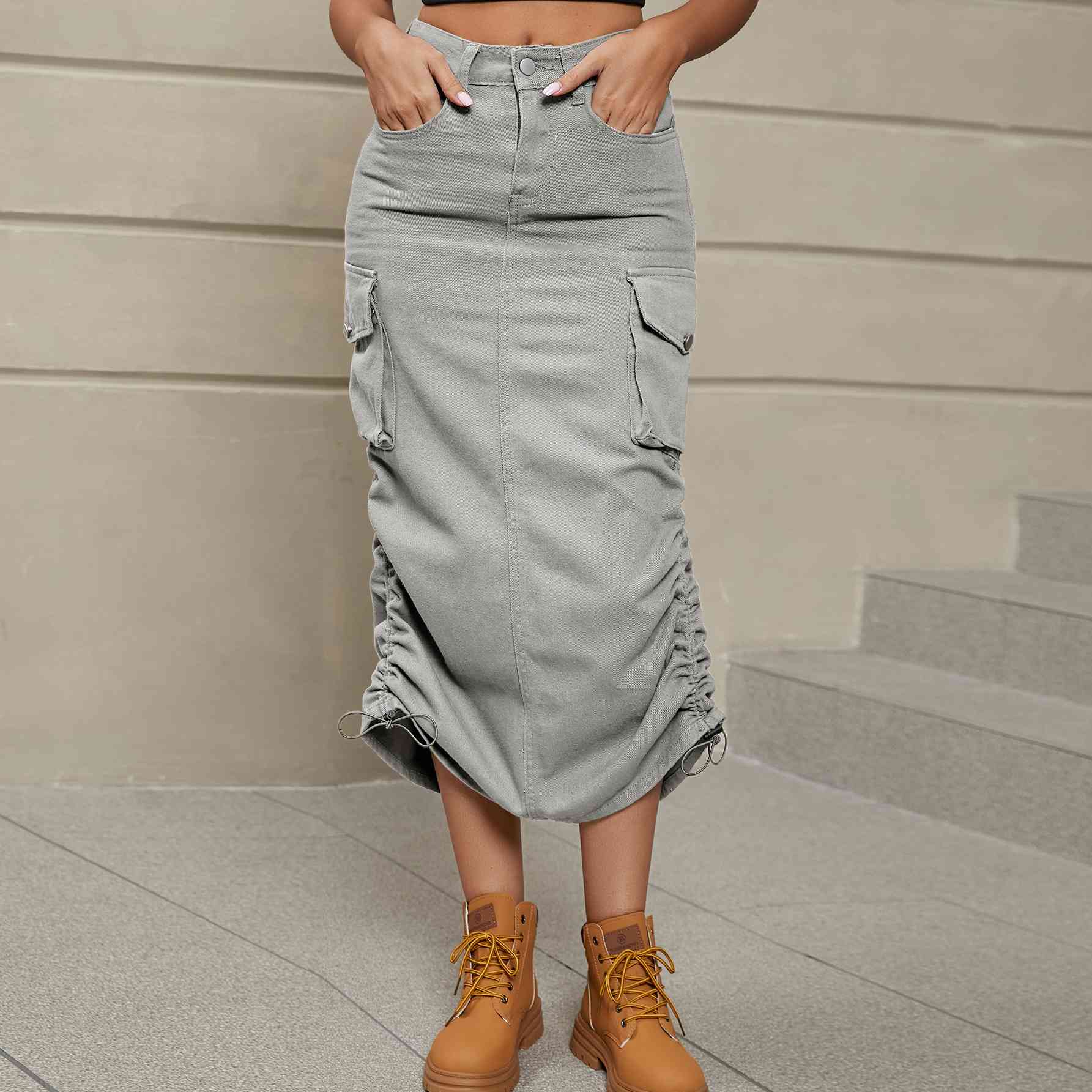 Ruch - Drawstring Ruched Slit Denim Midi Skirt (7500878020696)