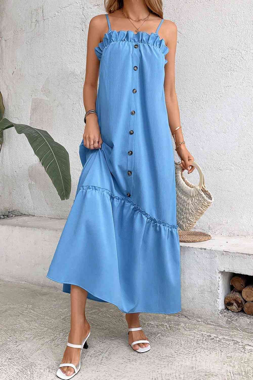 Ruffle Trim Buttoned Sleeveless Maxi Dress (7515555364952)