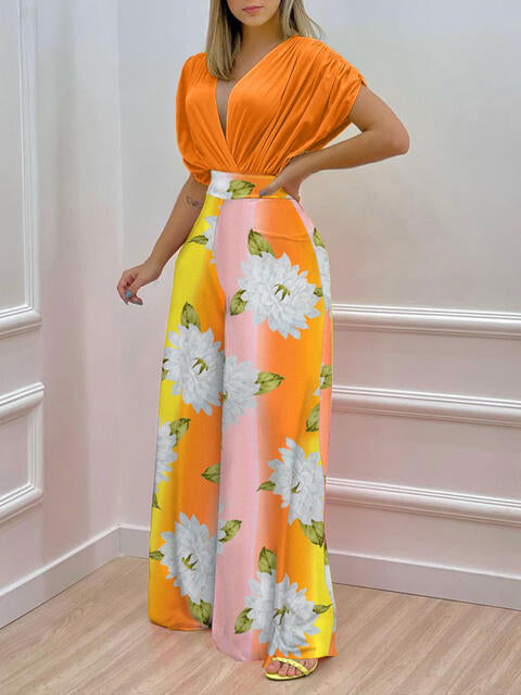 Printed Surplice Top & Wide Leg Pants Set (7484243705944)