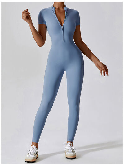 Short Sleeves Half-Zip Romper Leotard